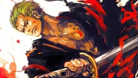 Retrato dinámico de Roronoa Zoro de One Piece, que muestra su feroz determinación y destreza con la espada.