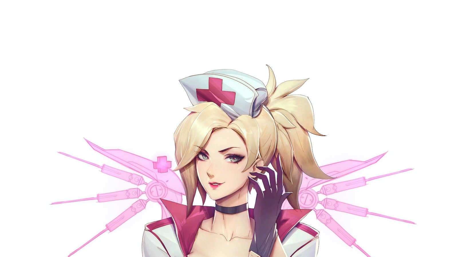 Fille anime avec un uniforme rose et blanc et une croix rouge sur la poitrine (miséricorde, infirmière, overwatch, jeu vidéo)