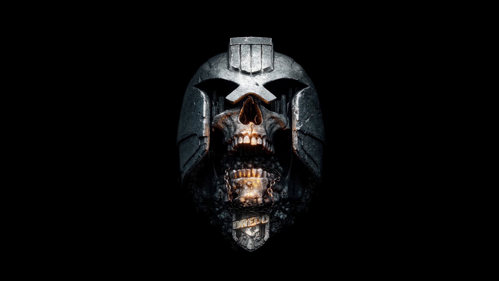 Un primer plano de un esqueleto con un casco (dredd, obra de arte, amoled, 5k, 8k)