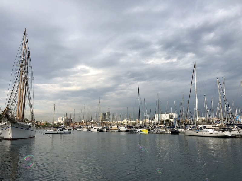 Barcos ancorados em um porto com um céu nublado (marina, água, vela, mastro, barco)