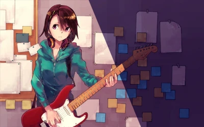 Un personnage avec des cheveux noirs, portant un hoodie teal, tient avec confiance une guitare électrique rouge dans un espace de travail créatif orné de notes et de papiers colorés.