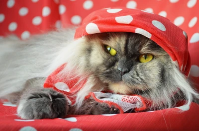 Gatito persa con bigote y pañuelo de lunares rojos en la cabeza