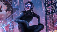 Garota cyberpunk futurista em uma paisagem urbana de néon