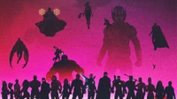 Silhouette des héros Marvel sur un dégradé magenta : un hommage aux Avengers