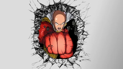 Saitama brisant un mur avec détermination dans l'anime One Punch Man