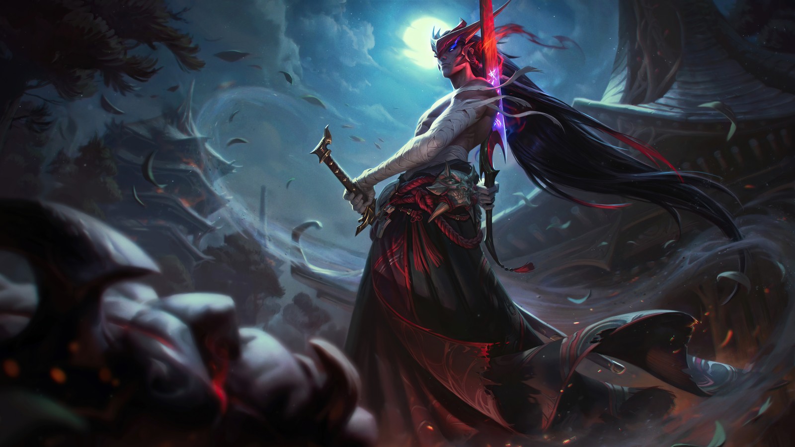 A woman with a sword in her hand standing in front of a demon (yone, lol, league of legends, video game, splash art)