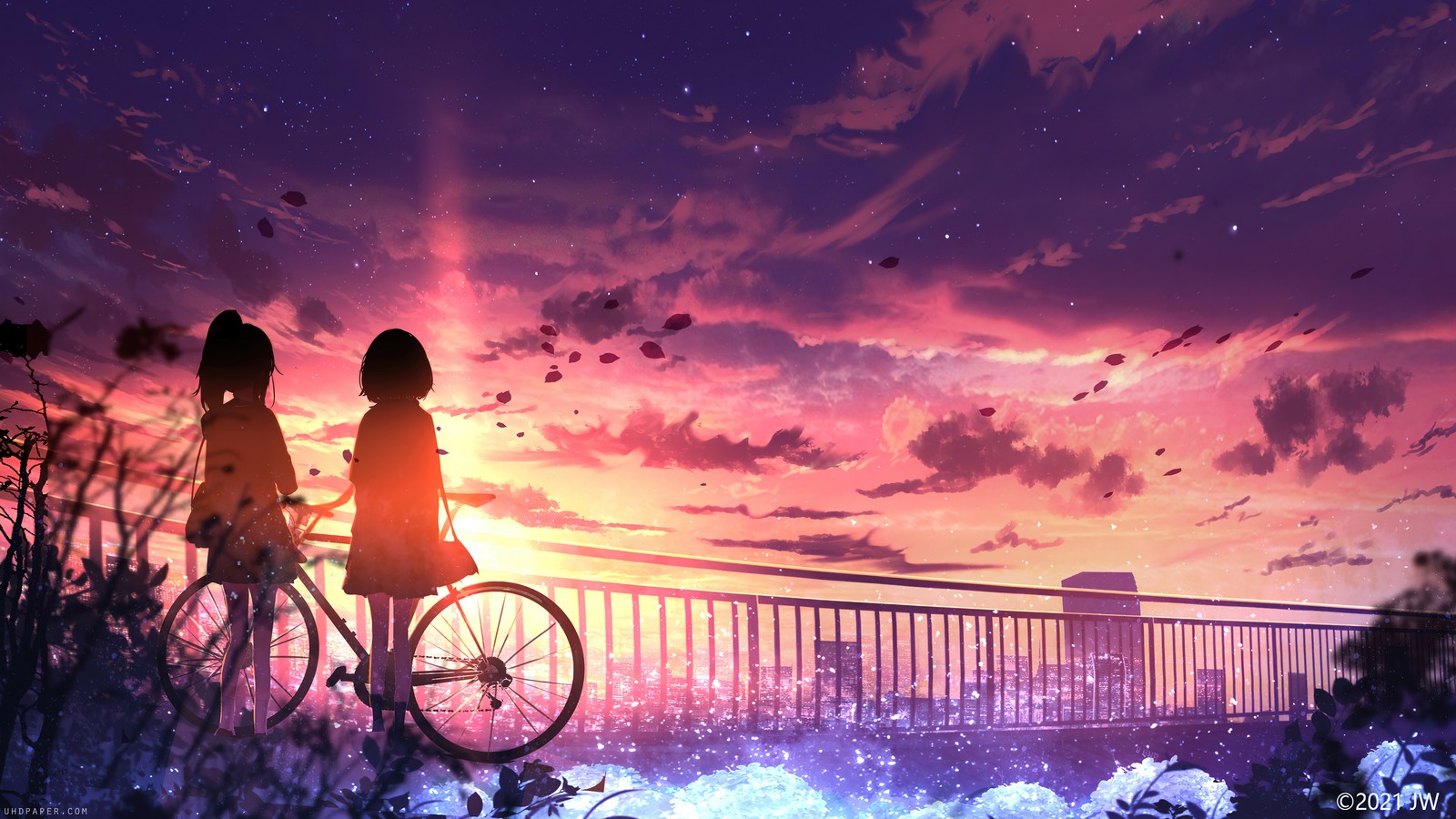 anime girls, anime, silhouette, sunset, scenery wallpaper