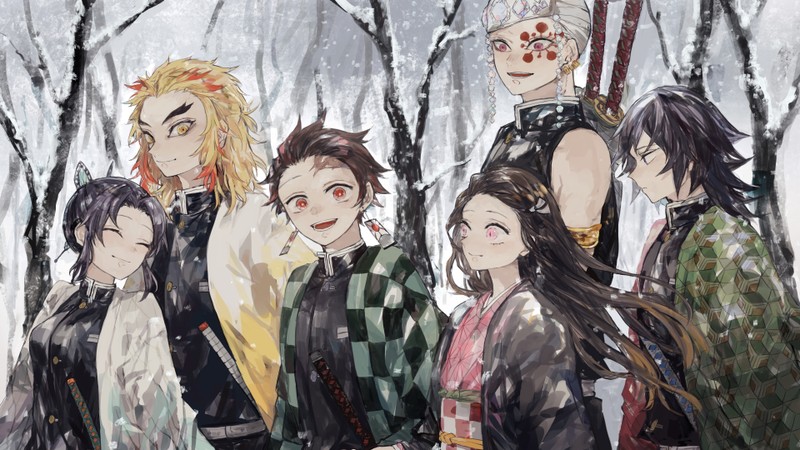 Группа аниме-персонажей стоит в снегу с мечами (kimetsu no yaiba, аниме, anime, tanjirou kamado, nezuko kamado)