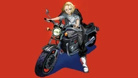 Manjiro Sano, alias Mikey, chevauchant une moto avec une expression confiante sur un fond rouge audacieux.