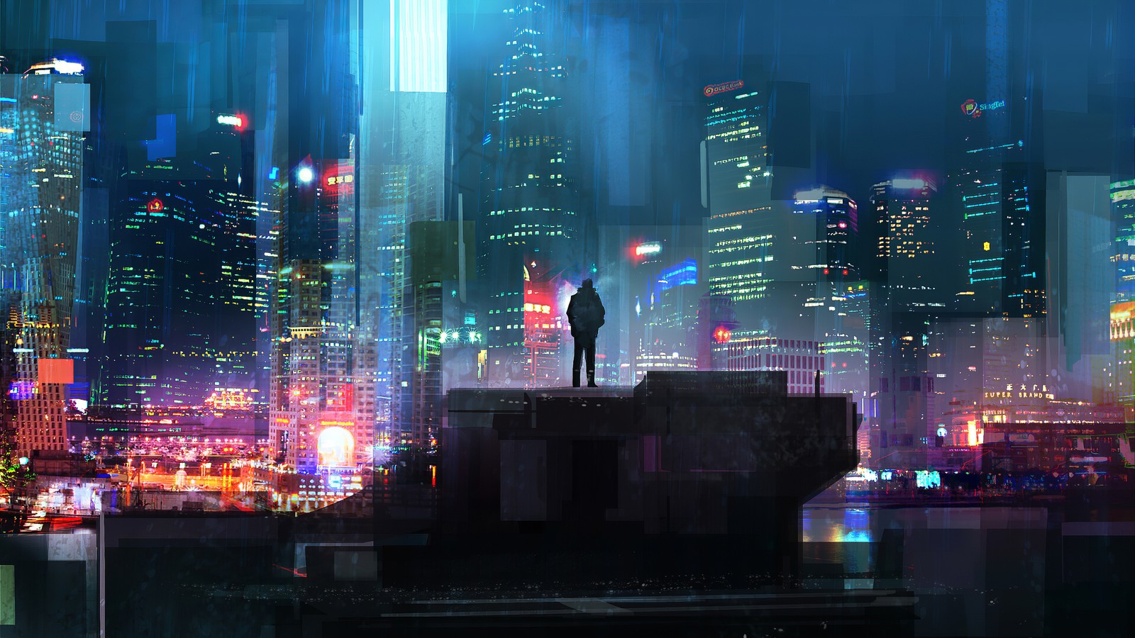 Un hombre de pie en la cima de un edificio en la ciudad por la noche (cyberpunk 2077, cyberpunk, rascacielos, edificio, mundo)