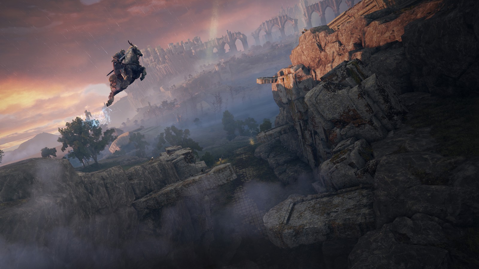 A close up of a person flying a kite over a mountain (elden ring, video game, screenshot)