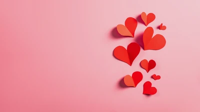 Scattered Paper Hearts on Pastel Pink Background