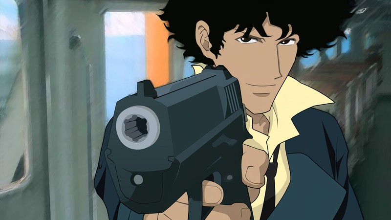 Персонаж аниме, держащий пистолет в коридоре с окном (каубой бибоп, cowboy bebop, аниме, anime, спайк шпигель)