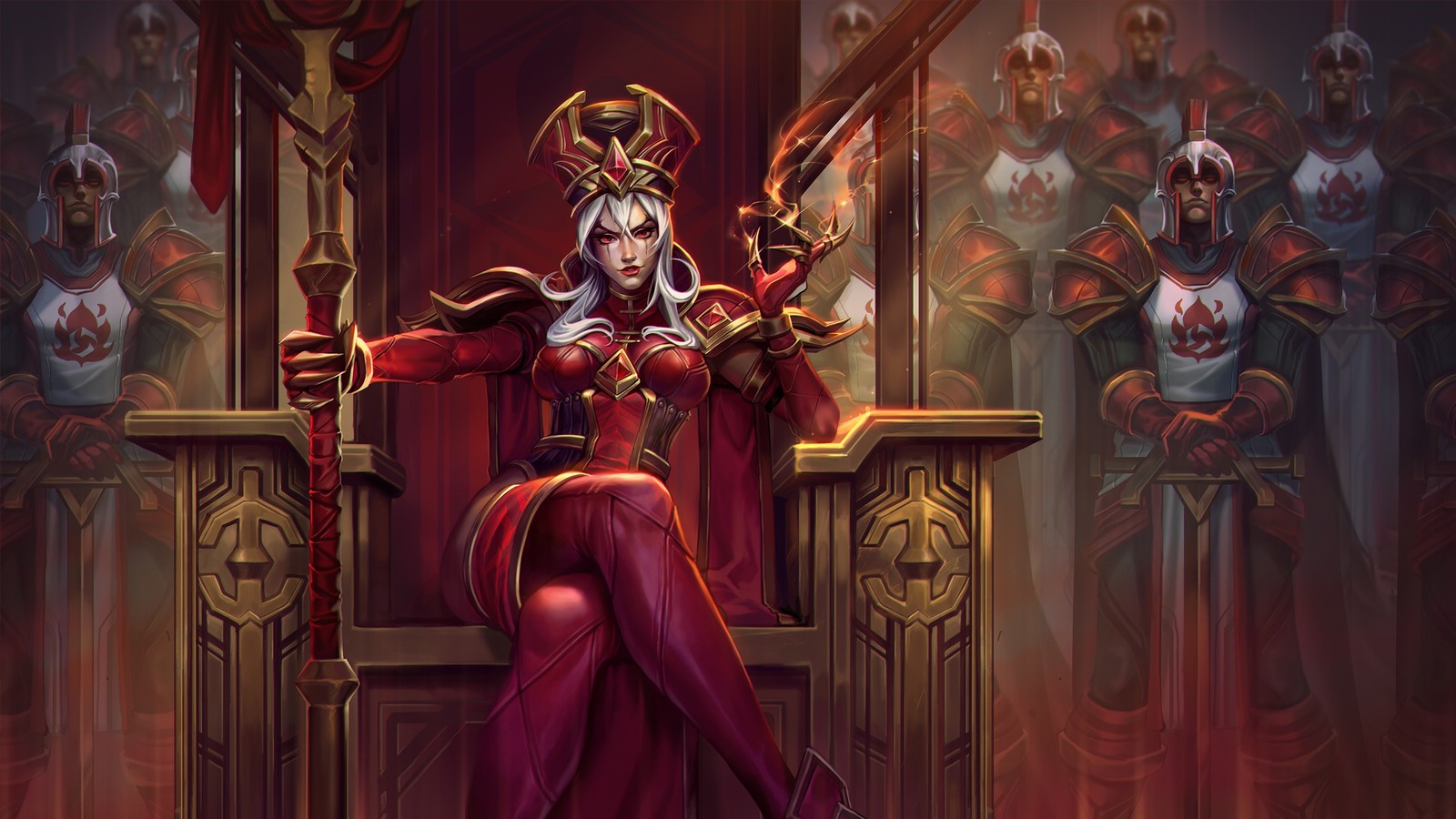 Una mujer con un vestido rojo sentada en un trono con espadas (sally whitemane, world of warcraft, videojuego)