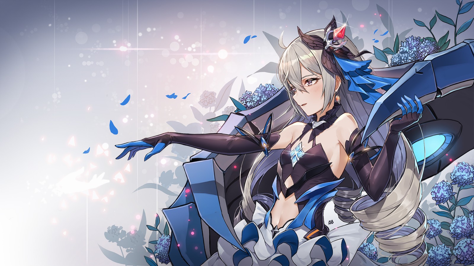 Anime, anime girl, blue eyes, black hair, blue dress, blue wings, blue flowers (anime girls, anime, white hair, honkai impact 3rd, video game)