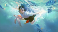 Underwater Serenity: Anime Girl Swimming with Colorful Fish