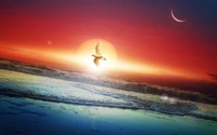 Calm Ocean at Sunrise with a Crescent Moon and Soaring Bird