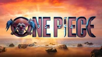 Logo de One Piece con calavera pirata contra un fondo de playa al atardecer