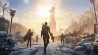 Equipe de agentes se aproximando de uma estátua da liberdade congelada em The Division Resurgence