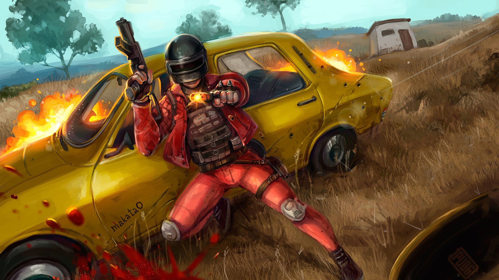 A woman in a red outfit holding a gun near a yellow car (pubg, playerunknowns battlegrounds, video game, art)