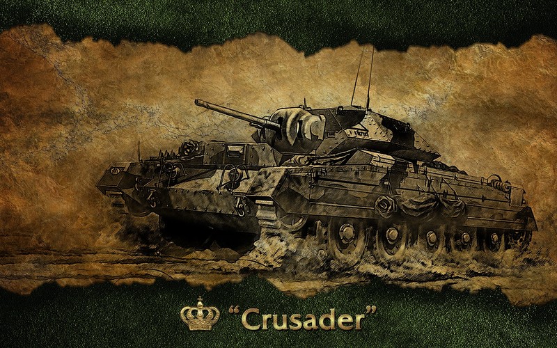 Картина танка на грязной поверхности с надписью "crusader" (world of tanks, танк, танк черчилль, самоходная артиллерия, военная организация)