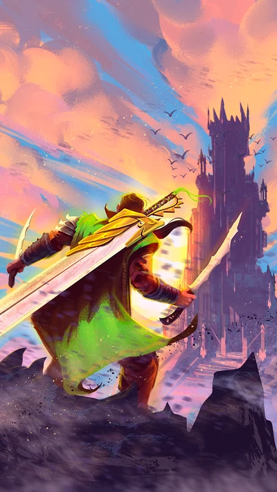 Heroic Figure Against a Dusk Sky: A Watercolor Journey into the Legend of Zelda