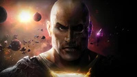 Dwayne Johnson como Black Adam em um fundo cósmico.