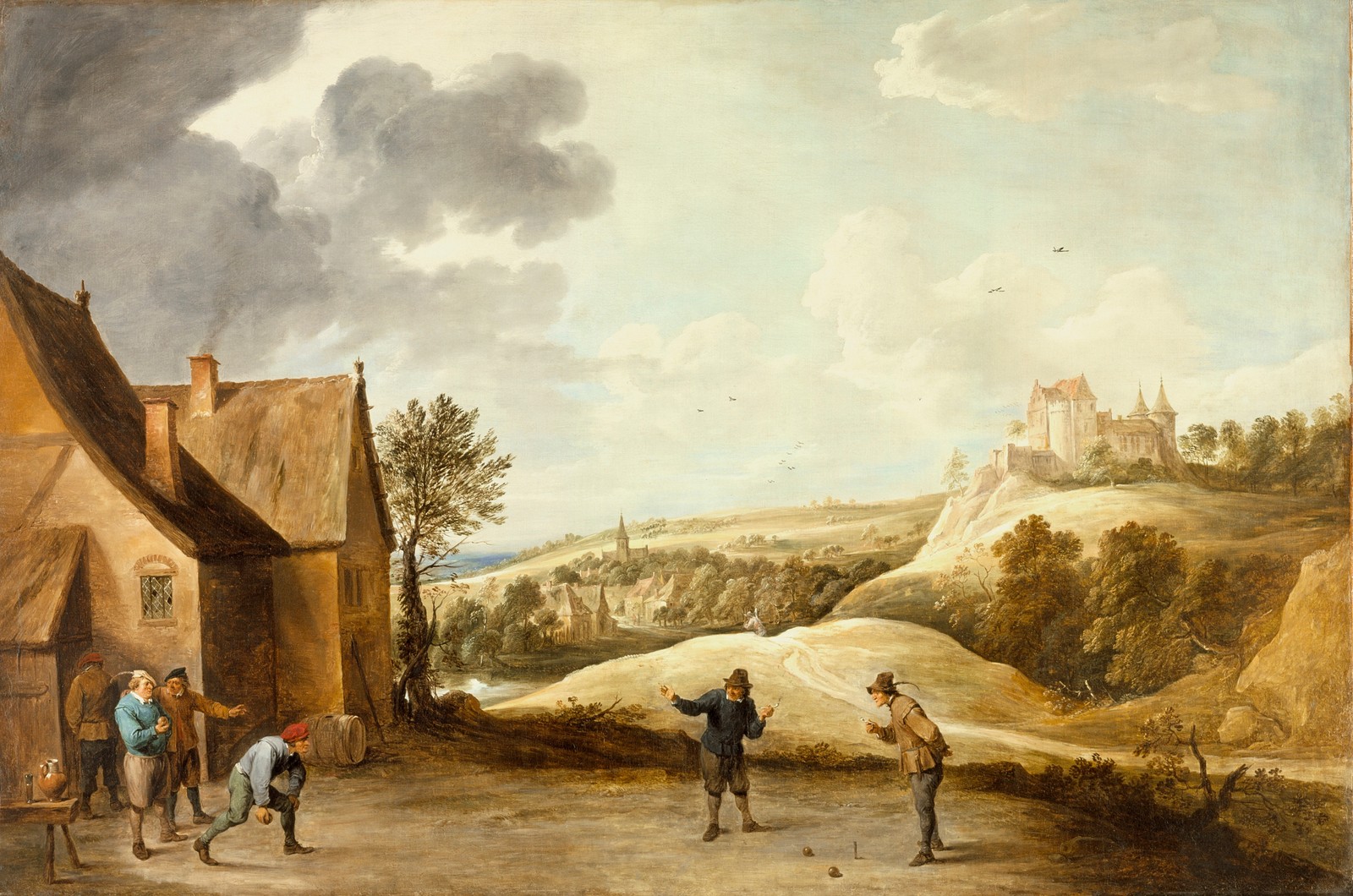 A painting of a group of men playing a game of golf (painting, watercolor paint, art, visual arts, illustration)