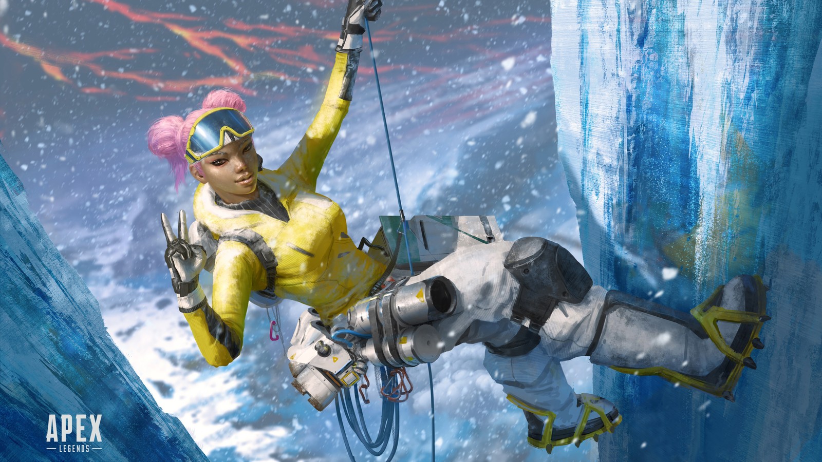 A woman in yellow and white outfit climbing a wall with a rope (apex legends, video game, lifeline)