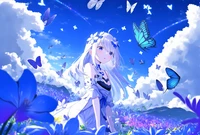 Fille d'anime rêveuse entourée de papillons dans un ciel bleu