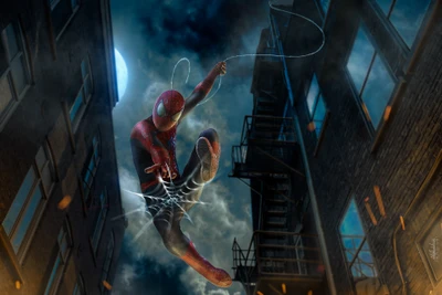 Spider-Man Swinging Through a Shadowy Urban Landscape