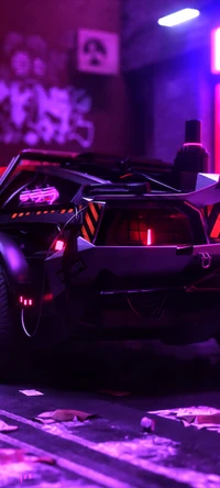 Futuristic Automotive Aesthetic with Purple Lighting and Urban Backdrop