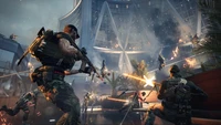 Intense firefight in a high-stakes tactical video game setting with soldiers engaged in combat amidst explosions and chaos.