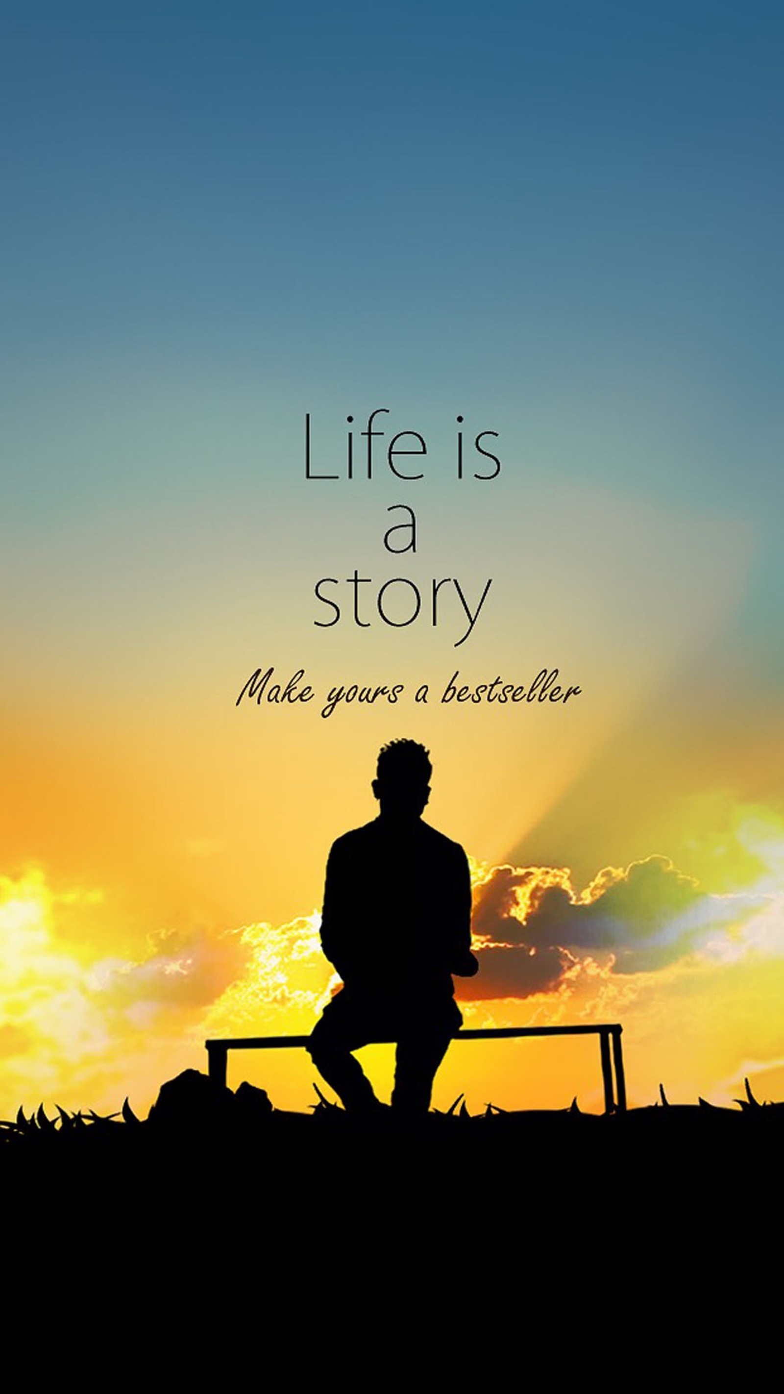 Un homme est assis sur un banc avec un coucher de soleil en arrière-plan (life is a story, faites de votre livre un best seller)