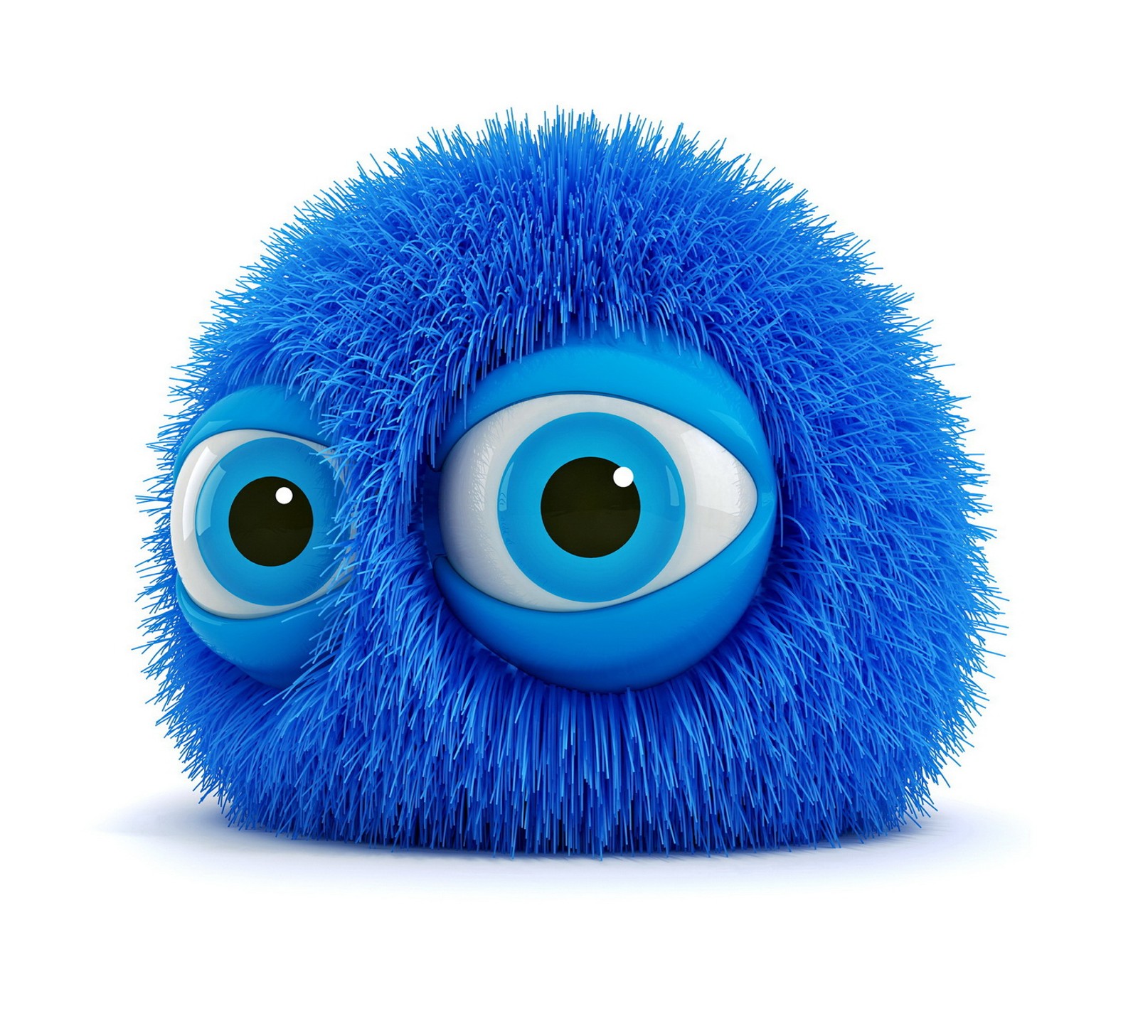 There is a blue fuzzy ball with two eyes on it (3d, ball, blue, cute, face)