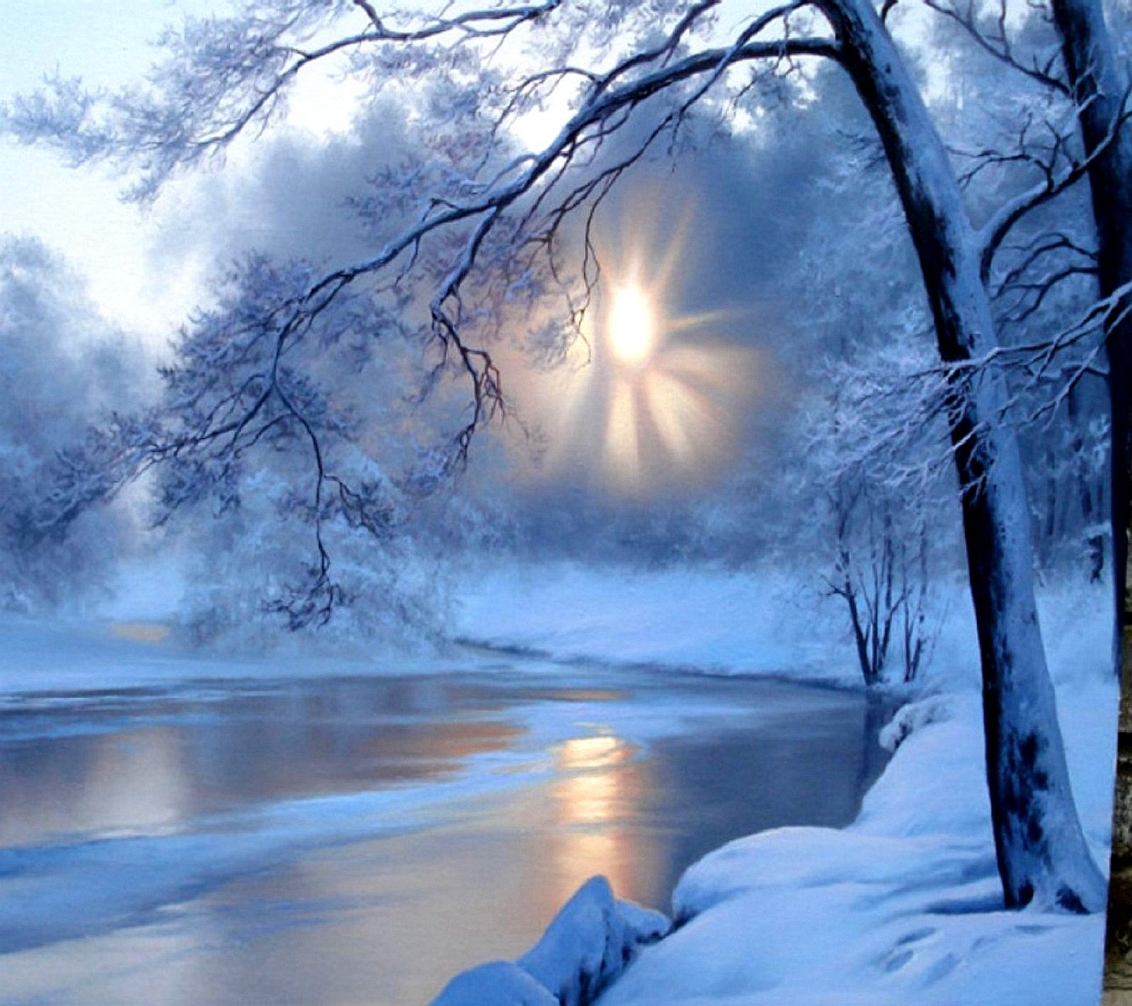 Snowy scene of a river with a sun shining through the trees (nature)