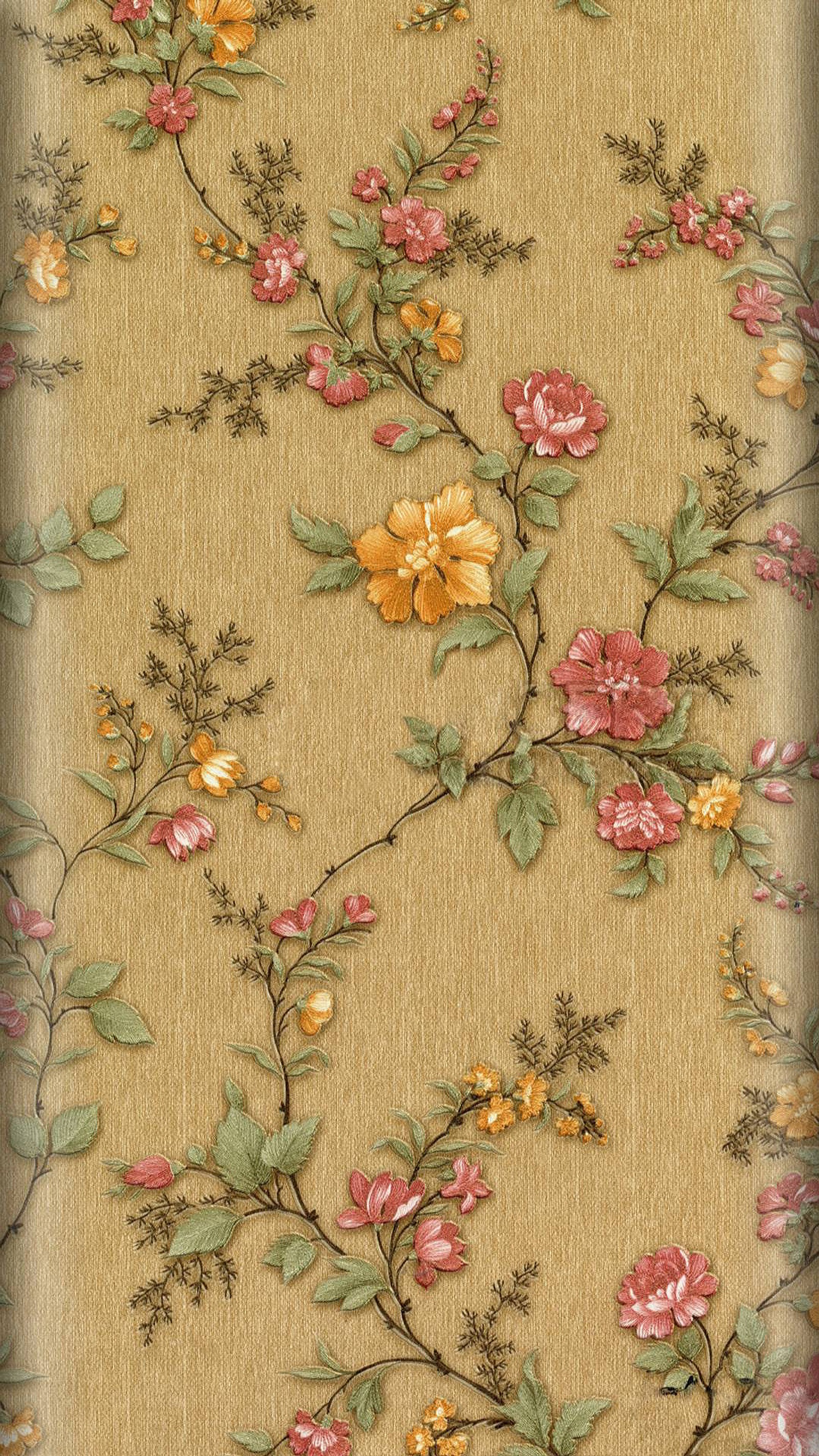 A close up of a floral wallpaper with a brown background (branches, design, edge, flowers, leaves)