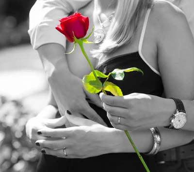 Celebrando 5 años de verdadero amor: Un abrazo romántico con una rosa roja