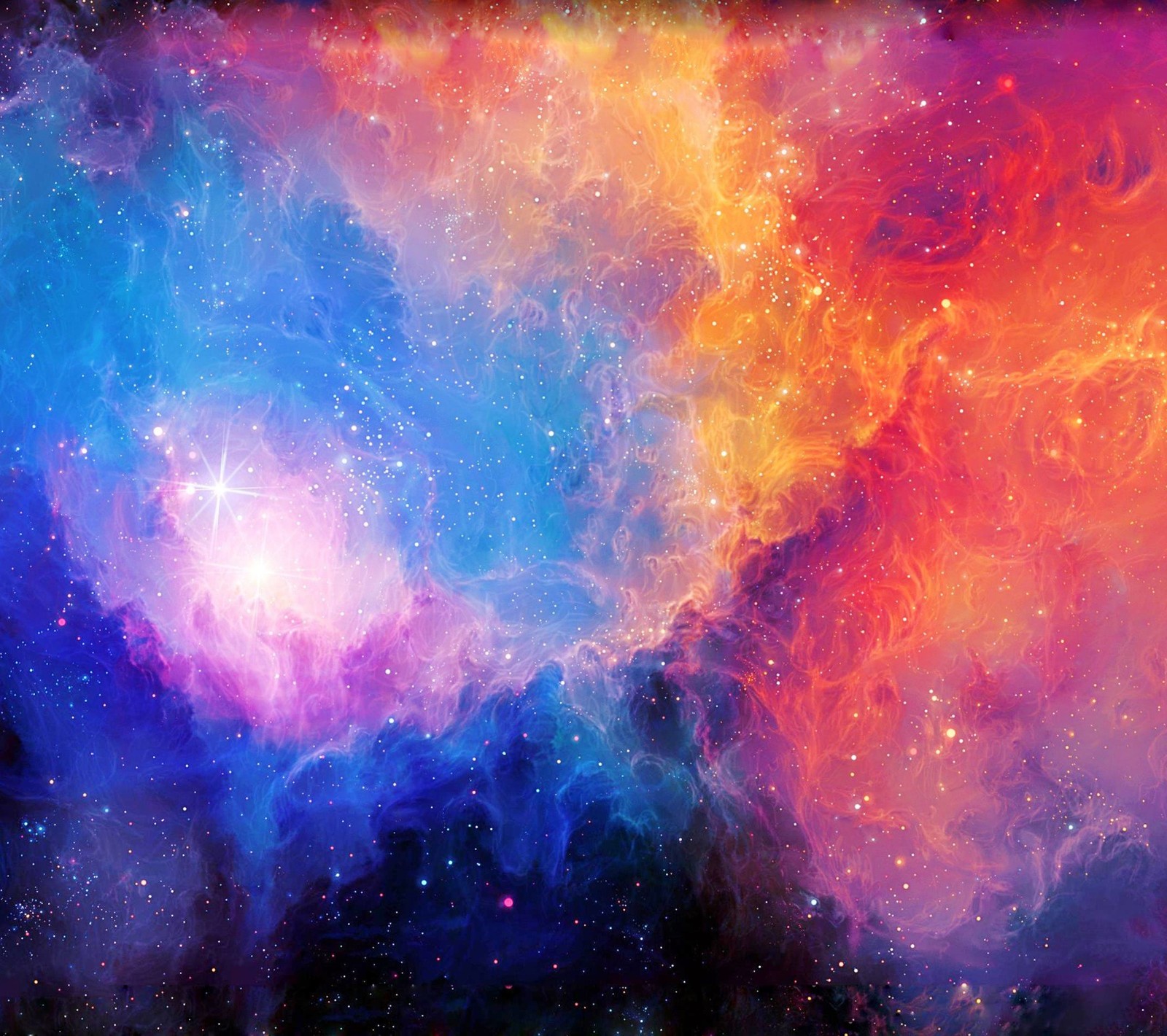 Ein gemälde einer bunten galaxie mit sternen und einer hellblauen und orangefarbenen nebel. (wolken, feuer, galaxie, weltraum, regenbogen)