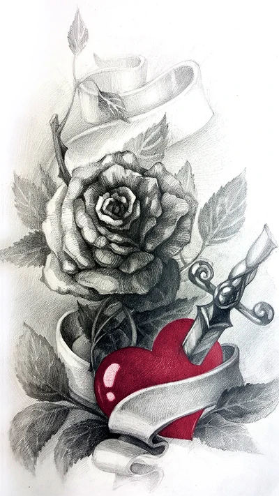 Design de tatuagem intrincado apresentando um coração, uma rosa e uma adaga