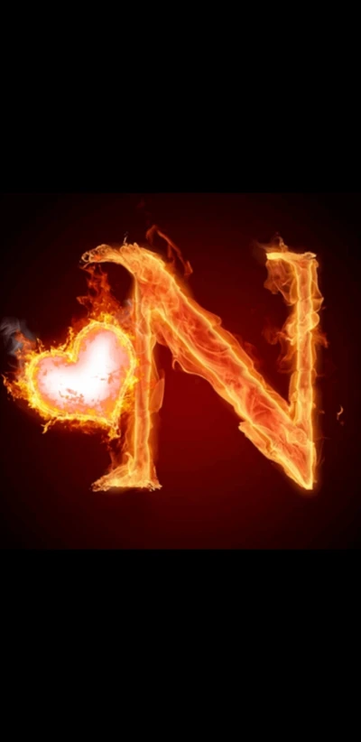 Flaming Heart Shaped "N" Letter in Fire.