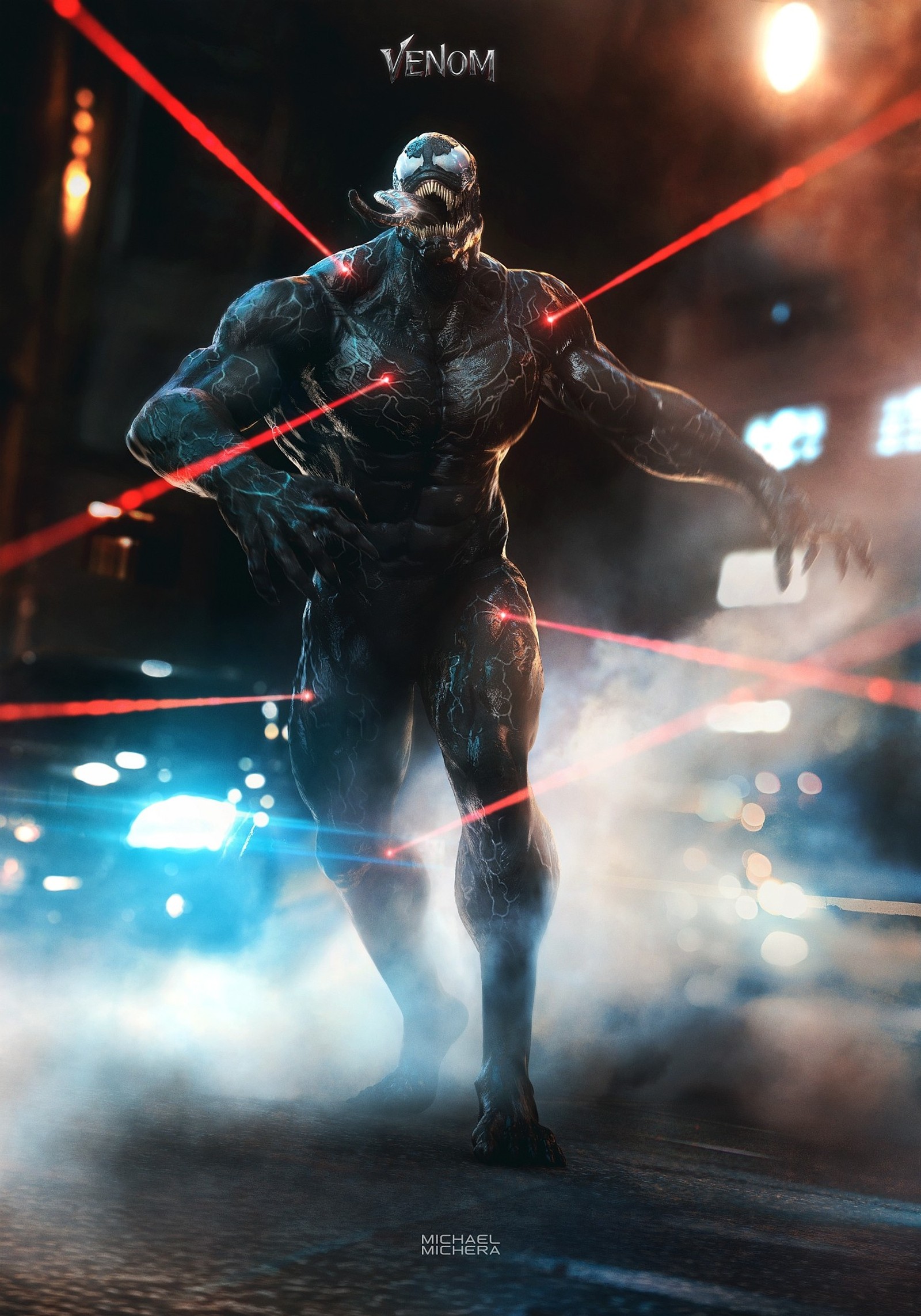 Un gros plan d'une personne en costume avec un laser rouge (film, eddie, brock, symbiote, brume)