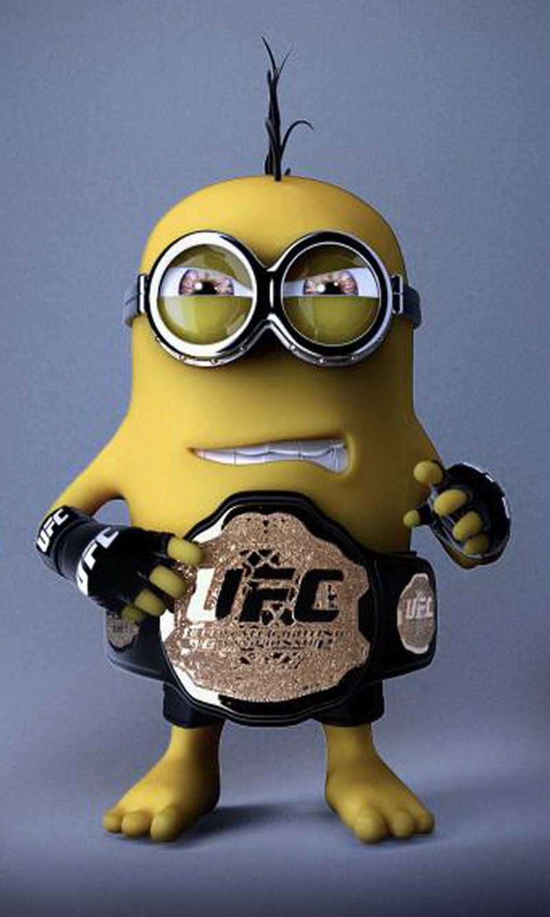 Um minion amarelo com óculos e um cinto segurando um troféu (campeão, legal, lutador, hd, minion)