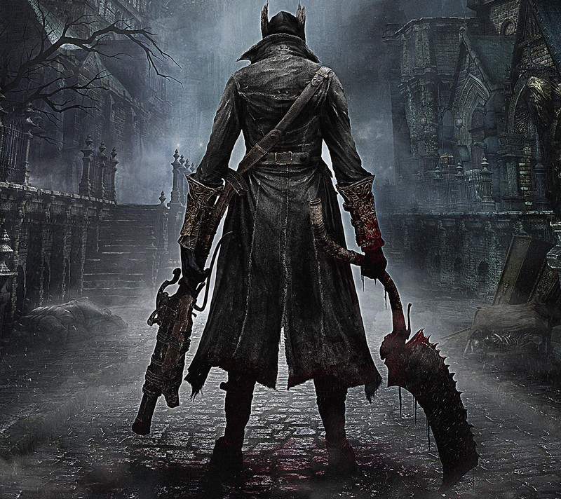 Аэроснимок мужчины в плаще, держащего окровавленный зонт (bloodborne, игры, обои)