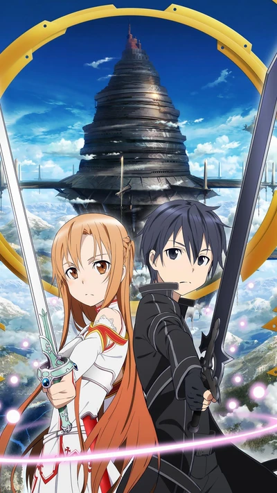 arte, asuna, kirito, en línea, espada