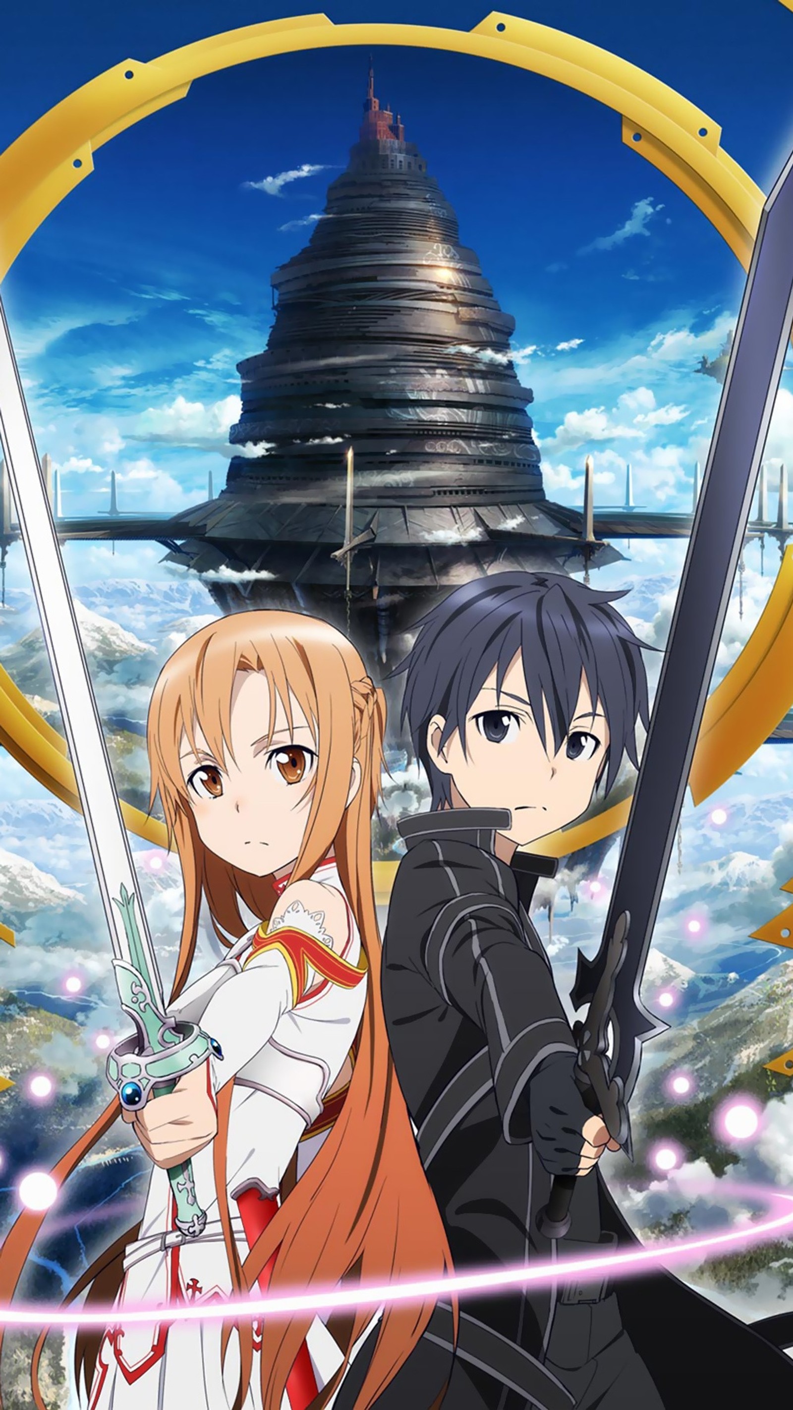 Anime anime wallpapers with two girls holding swords and a tower in the background (art, asuna, kirito, online, sword)