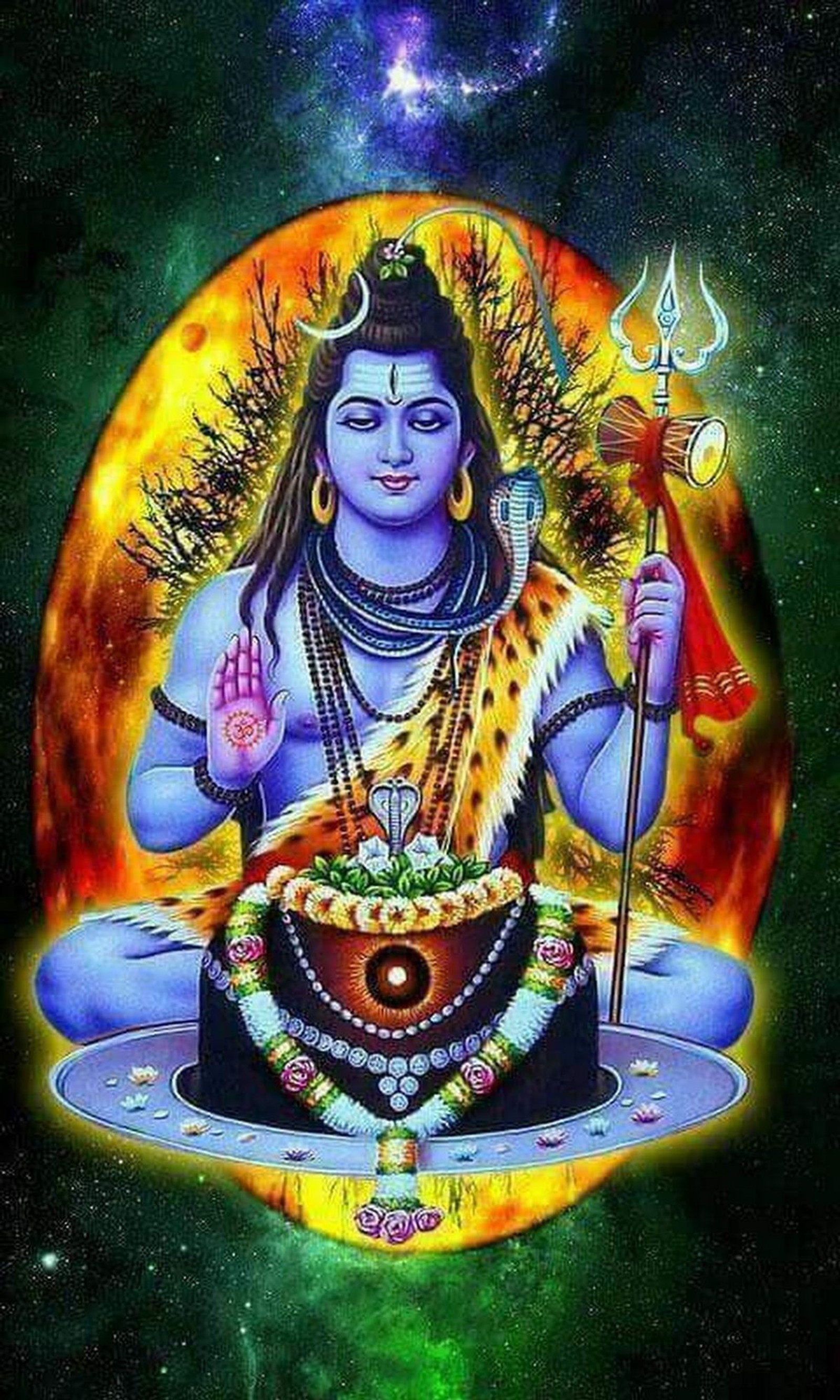 Lord shiva sentado na posição de lótus com uma vela e um bastão. (senhor, neelakanta)