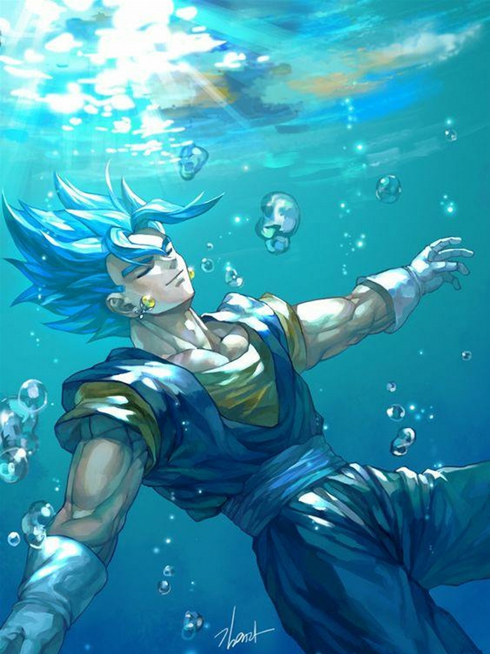 A drawing of a man in blue and gold swimming under water (anime, dragon ball z, goku, new anime, super)