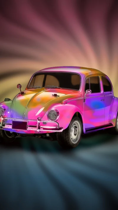 Volkswagen Coccinelle coloré contre un arrière-plan vibrant.