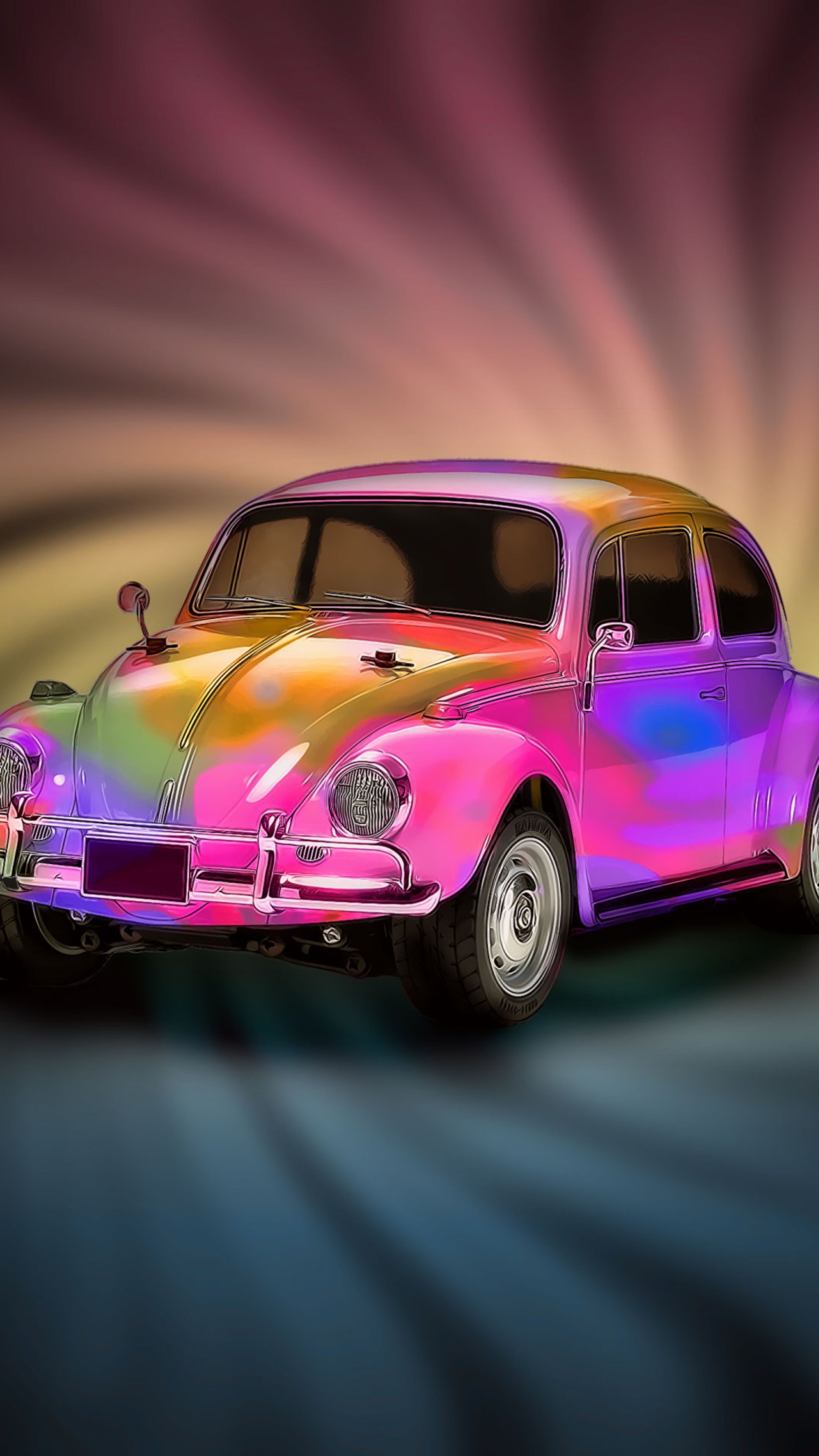 Un coche de colores brillantes con un fondo de arcoíris (escarabajo, coche, colorido, vehículo, volkswagen)